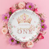 金ゴールドクラウンプリンセスガール1stバースデーピンクフローラ ペーパープレート