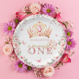金ゴールドクラウンプリンセスガール1stバースデーピンクフローラ ペーパープレート