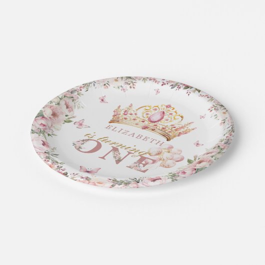 金ゴールドクラウンプリンセスガール1stバースデーピンクフローラ ペーパープレート (アングル)