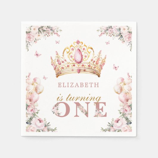 金ゴールドクラウンプリンセスガール1st誕生日バルーン スタンダードカクテルナプキン (正面)