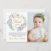 金ゴールドクラウンプリンセスフローラガール誕生日写真 サンキューカード (正面)