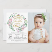 金ゴールドクラウンプリンセスフローラガール1st誕生日フォト 招待状 (正面)