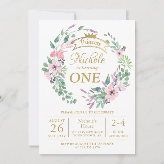 金ゴールドクラウンプリンセスフローラガール1st誕生日 招待状 (正面)