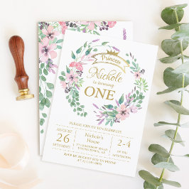 金ゴールドクラウンプリンセスフローラガール1st誕生日 招待状