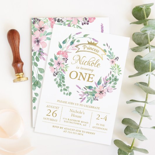 金ゴールドクラウンプリンセスフローラガール1st誕生日 招待状