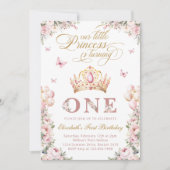 金ゴールドクラウンプリンセス赤面ピンクフローラ誕生日 招待状 (正面)