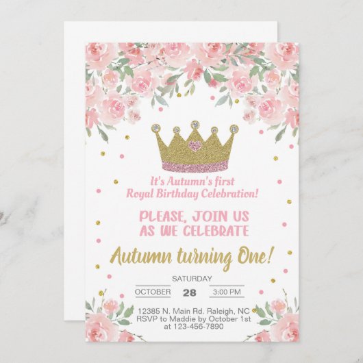 金ゴールドクラウン女王室のの子の誕生日の招待。 招待状 (正面/裏面)