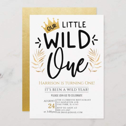 金ゴールドクラウン私たちの小さな野生の1つの誕生日 招待状 (正面/裏面)