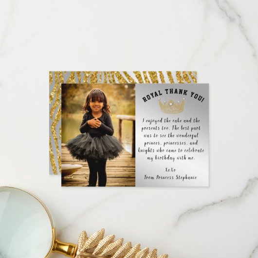 金ゴールドクラウン、グリッターカスタムフォトプリンセス誕生日 サンキューカード (正面/裏面インサイチュ)