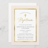 金ゴールドクラシックとクリームの双子のバプテスマ 招待状 (正面/裏面)