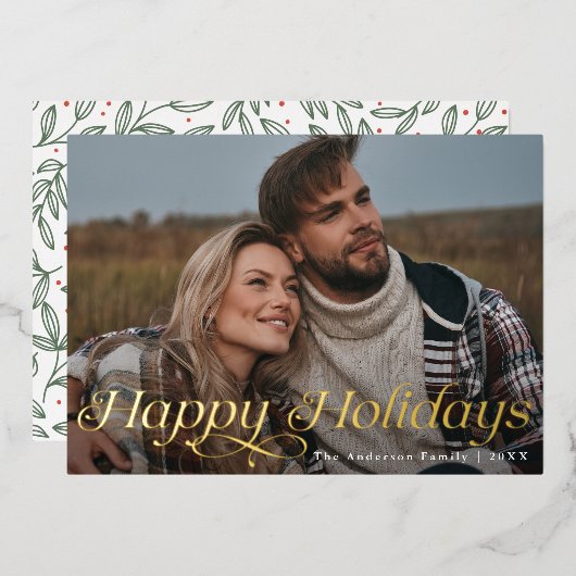 金ゴールドクラシックエレガンスハッピーホリデーズホリデーズホリデーカード 箔招待状 (正面/裏面)