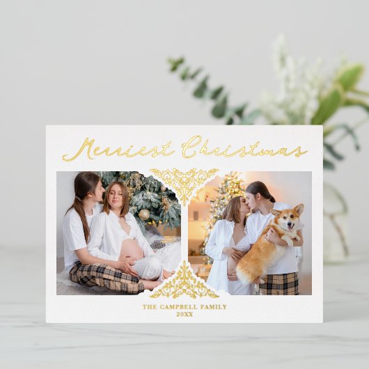 金ゴールドクラシッククリスマスオーナメント2枚 箔招待状 (立ち正面)