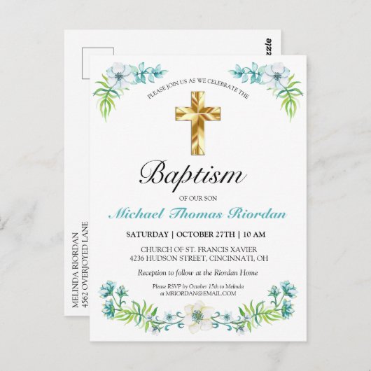 金ゴールドクラシッククロスボーイズブルーバプテスマ招待状 ポストカード (正面/裏面)