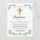 金ゴールドクラシッククロスボーイズブルーバプテスマ招待状 ポストカード (正面)