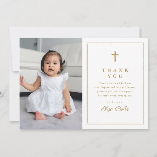 金ゴールドクラシッククロス宗教写真バプテスマ サンキューカード (正面)