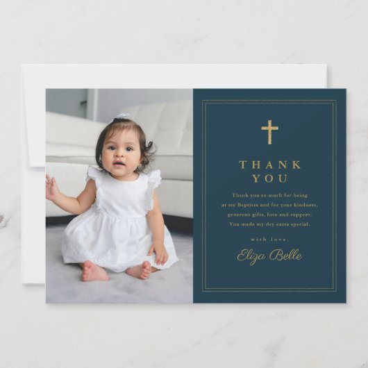 金ゴールドクラシッククロス宗教写真バプテスマ サンキューカード (正面)