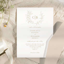 金ゴールドクラシックグリーナリーモノグラム結婚式招待状 招待状