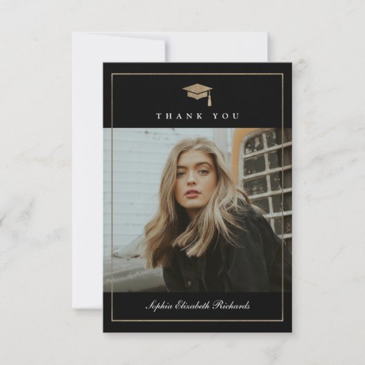 金ゴールドクラシックスクリプトの写真の卒業 サンキューカード (正面)