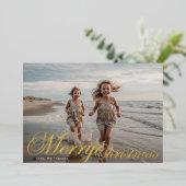 金ゴールドクラシックタイポグラフィFIVEフォトメリークリスマス 箔シーズンカード (立ち正面)