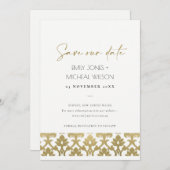 金ゴールドクラシックダマスク花のパターン保存日付 セーブザデート (正面/裏面)