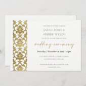 金ゴールドクラシックダマスク花パタ結婚ーン 招待状 (正面/裏面)