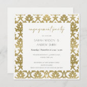 金ゴールドクラシックダマスク花柄婚約 招待状 (正面/裏面)