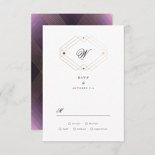 金ゴールドクラシックデコ紫の書道モノグラム 出欠カード (正面/裏面)