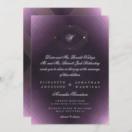 金ゴールドクラシックデコ紫の書道モノグラム 招待状