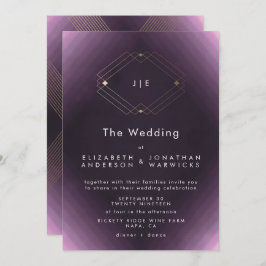 金ゴールドクラシックデコ紫の書道モノグラム 招待状