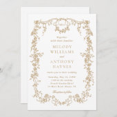 金ゴールドクラシックビクトリアンフランスの結婚フローラ 招待状 (正面/裏面)