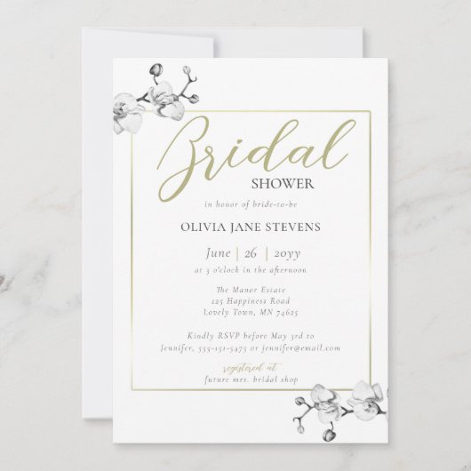 金ゴールドクラシックフレームホワイトオーキッドBWブライダルシャワー 招待状 (正面)