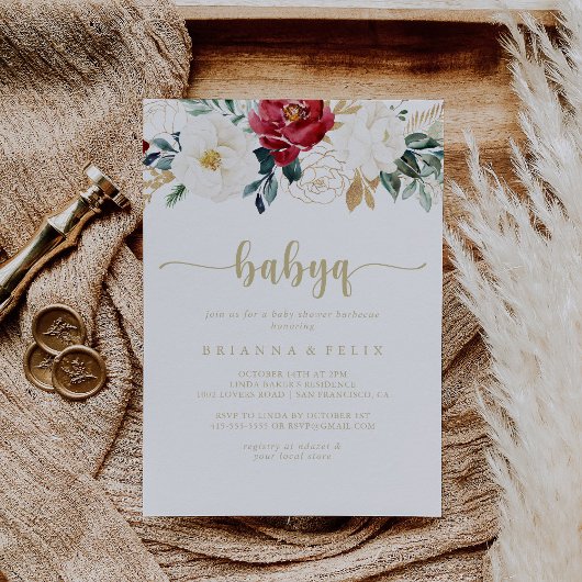 金ゴールドクラシックフローラBabyQベビーシャワーバーベキュー 招待状