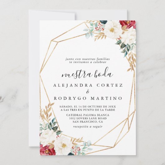 金ゴールドクラシックブルガンディホワイトフローラヌエストラボダ 招待状 (正面)