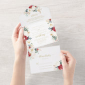金ゴールドクラシックブルゴーニュ白フローラ結婚ズ オールインワン招待状 (貼ってはがせる)