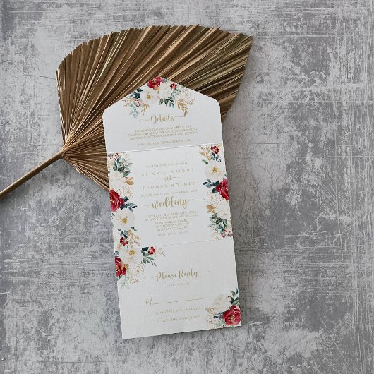 金ゴールドクラシックブルゴーニュ白フローラ結婚ズ オールインワン招待状