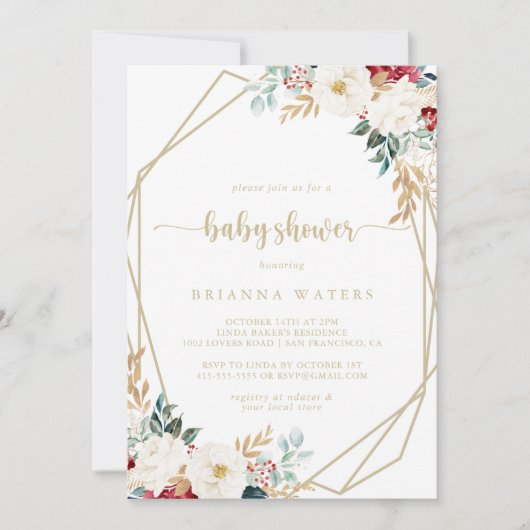 金ゴールドクラシックブルゴーニュ白フローラ赤ちゃんシャワー 招待状 (正面)