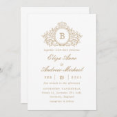 金ゴールドクラシックモノグラムクレスト結婚式招待状 招待状 (正面/裏面)