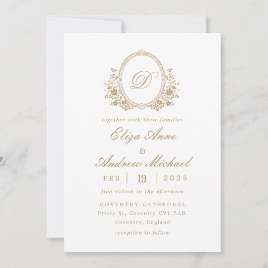 金ゴールドクラシックモノグラムクレスト結婚式招待状 招待状 (正面)