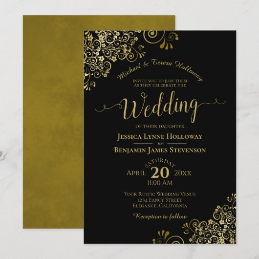 金ゴールドクラシックレースオンエレガントブフォーマルラッ結婚ク 招待状 (正面/裏面)