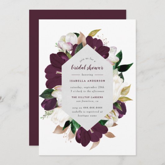 金ゴールドクラシック&プラムパープルフローラブライダルシャワー 招待状 (正面/裏面)