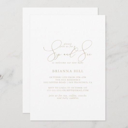 金ゴールドクラッシックChic Minimalist Sip and See 招待状 (正面/裏面)