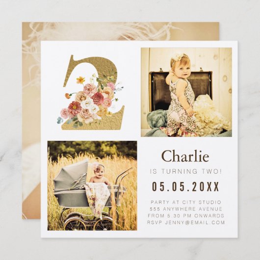 金ゴールドクラフトフォイル2枚の2歳の誕生日フォトカード 招待状 (正面/裏面)