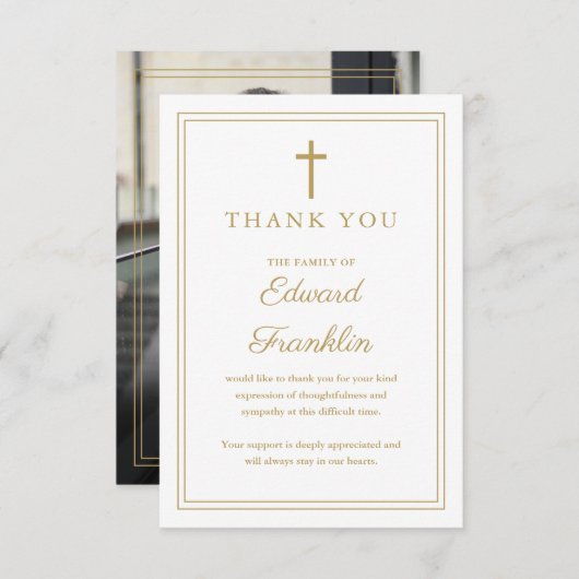 金ゴールドクリスチャンお祝いの生活葬儀写真 サンキューカード (正面/裏面)