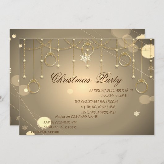 金ゴールドクリスマスオーナメントクリスマス会社パーティー 招待状 (正面/裏面)