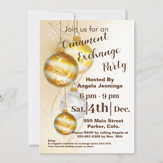 金ゴールドクリスマスオーナメントパーティの招待状カード シーズンカード (正面)