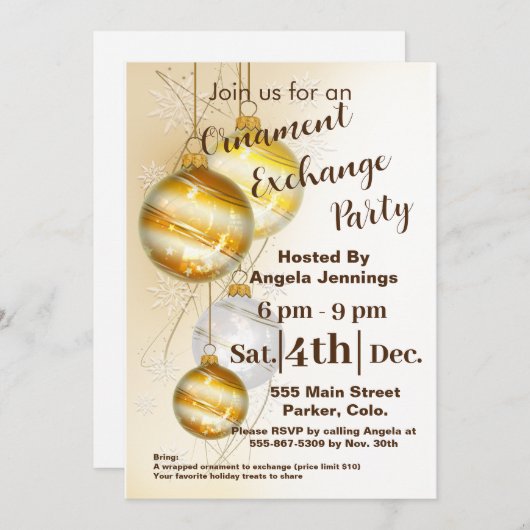 金ゴールドクリスマスオーナメントパーティの招待状カード シーズンカード (正面/裏面)