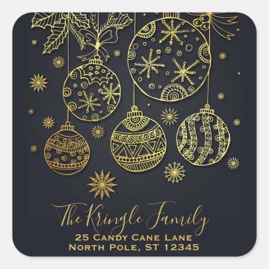 金ゴールドクリスマスオーナメントファミリ差出人住所 スクエアシール (正面)