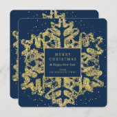 金ゴールドクリスマスグリッタースノーフレークファミリーネイビー シーズンカード (正面/裏面)