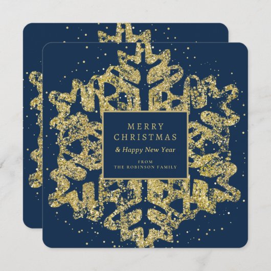 金ゴールドクリスマスグリッタースノーフレークファミリーネイビー シーズンカード (正面/裏面)
