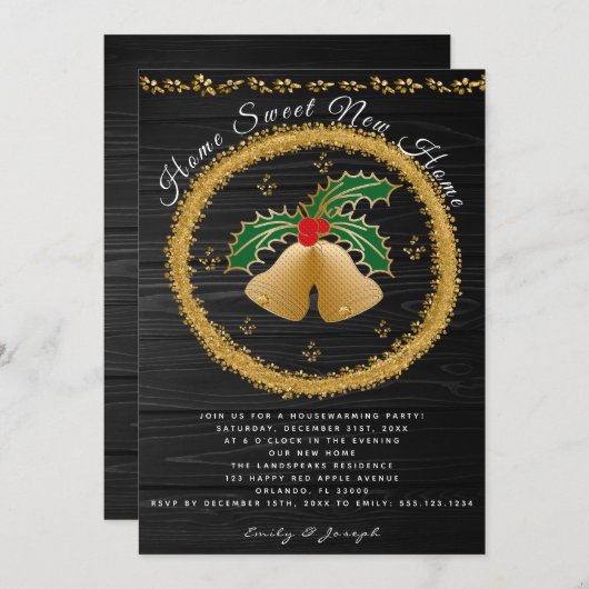 金ゴールドクリスマスジンルベルワイス引っ越し祝いパーティー 招待状 (正面/裏面)